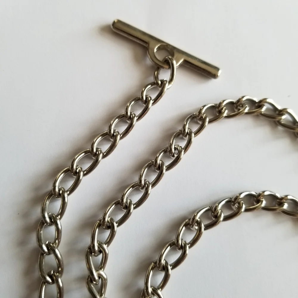 Long silver tone chain - belt or watch chain? Necklace? Engraveable plate